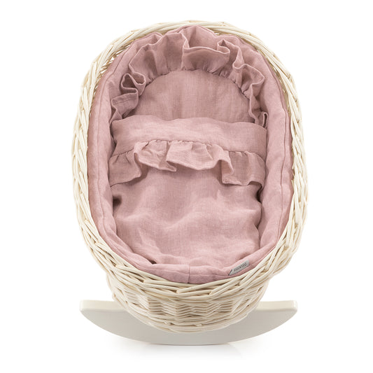 Mimi Rieten wiegmand voor poppen met roze rand, met kussentje en dekentje