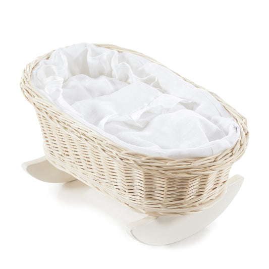 Mimi Rieten poppenwieg met witte bies, inclusief kussentje en dekentje