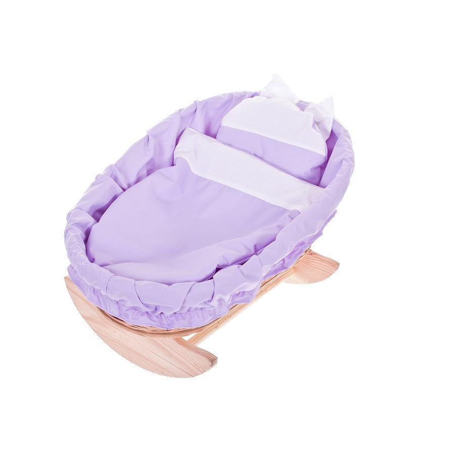 Mimi wicker cradle for dolls with purple lining, pillow and duvet TheWickerStories