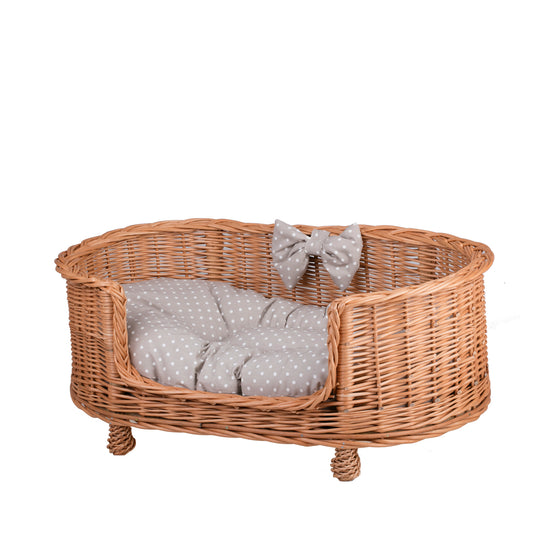 Esoria Rieten honden- en kattenmand met beige kussen, op pootjes en met lage instap