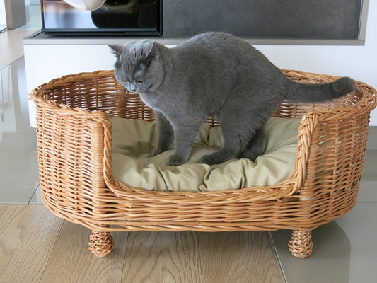 Esoria Rieten honden- en kattenmand met beige kussen