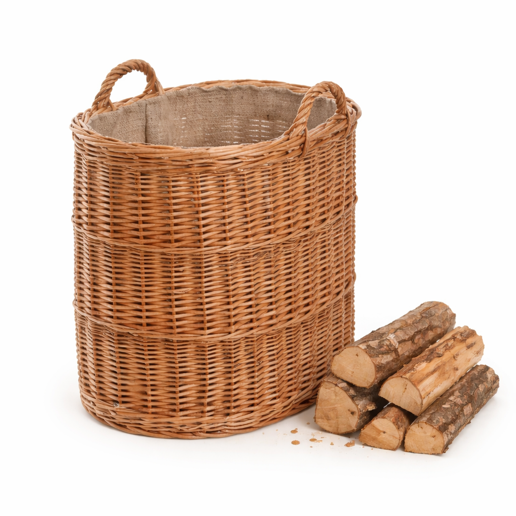 cesta de mimbre con forro de yute y asas