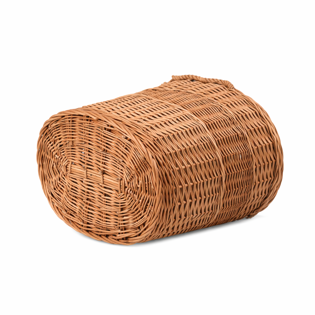 cesta de mimbre con forro de yute y asas