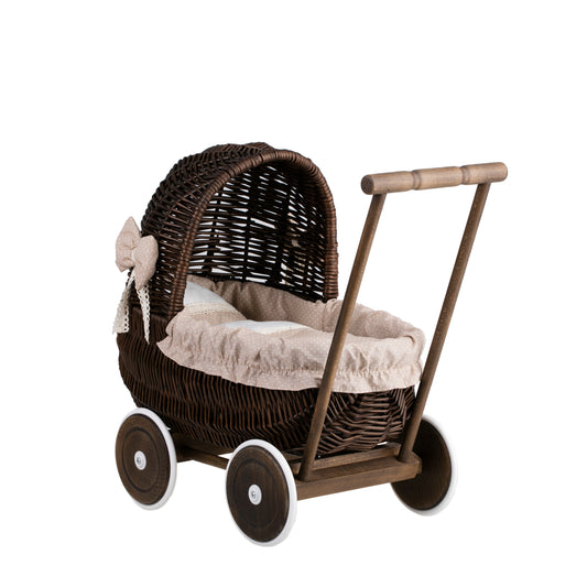 Lala wicker doll stroller with beige trim, blanket, and pillow
