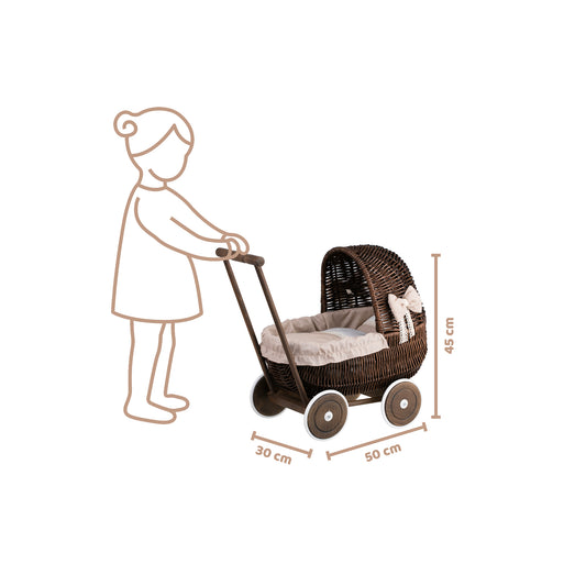 Lala wicker doll stroller with beige trim, blanket, and pillow