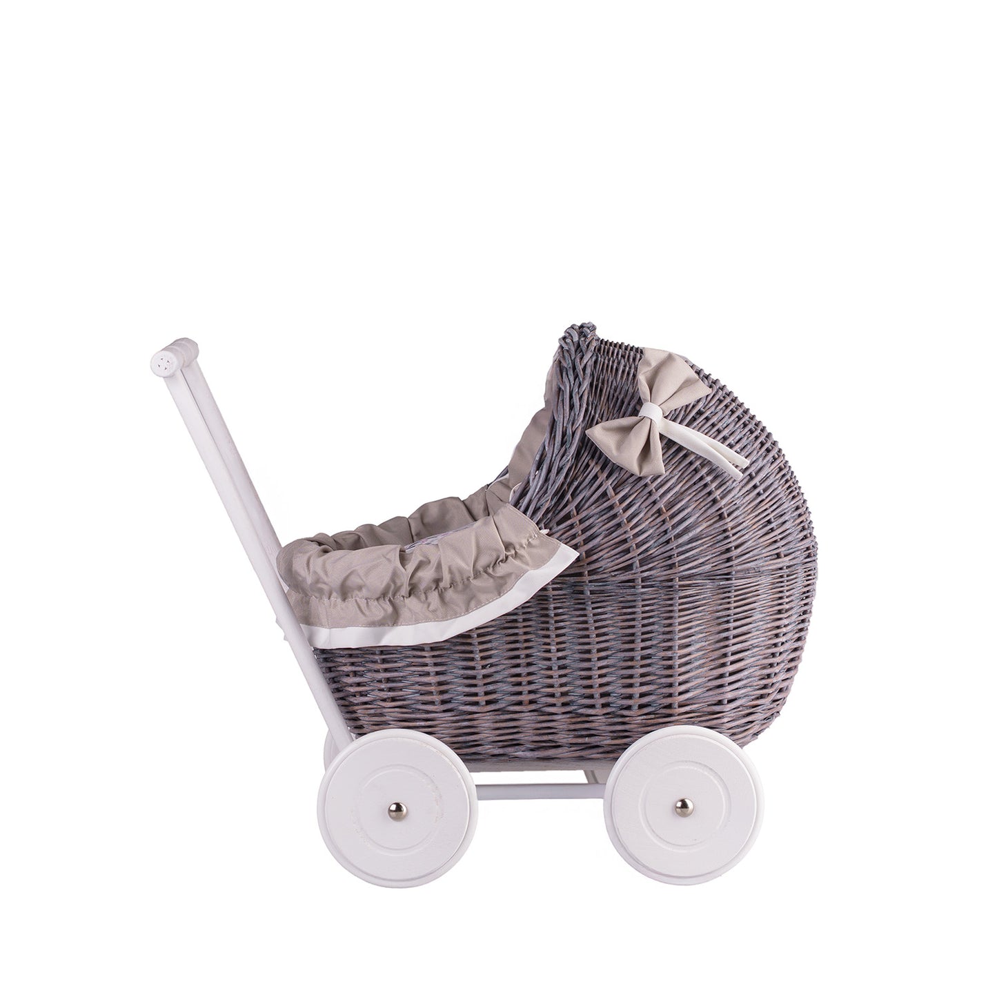 Wicker doll pram with bedding