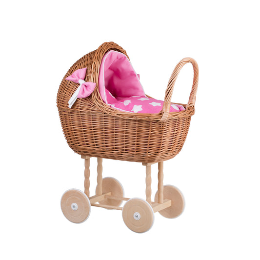 Lili wicker doll stroller with pink trim, blanket, and pillow