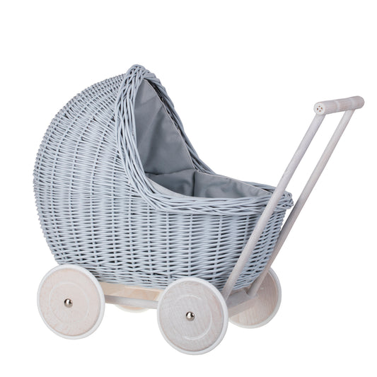 Lili wicker doll stroller with blue trim, blanket, and pillow