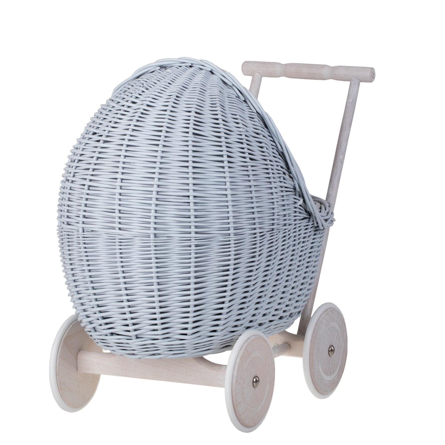 Lili wicker doll stroller with blue trim, blanket, and pillow
