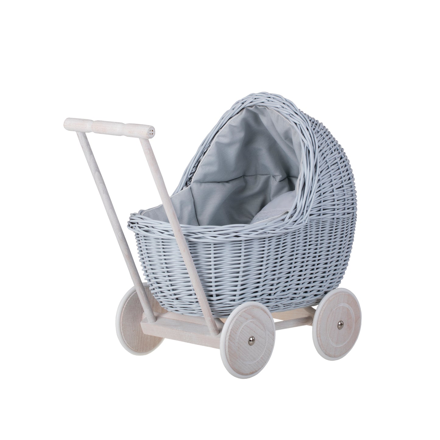 Lili wicker doll stroller with blue trim, blanket, and pillow