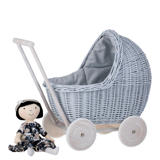 Lili wicker doll stroller with blue trim, blanket, and pillow