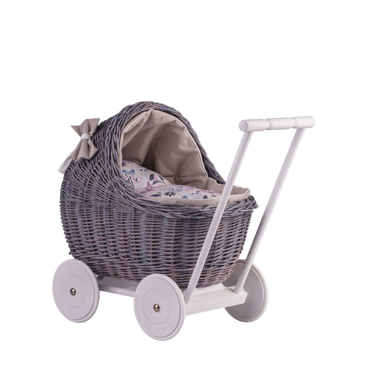 Lili wicker doll stroller with beige trim, blanket, and pillow