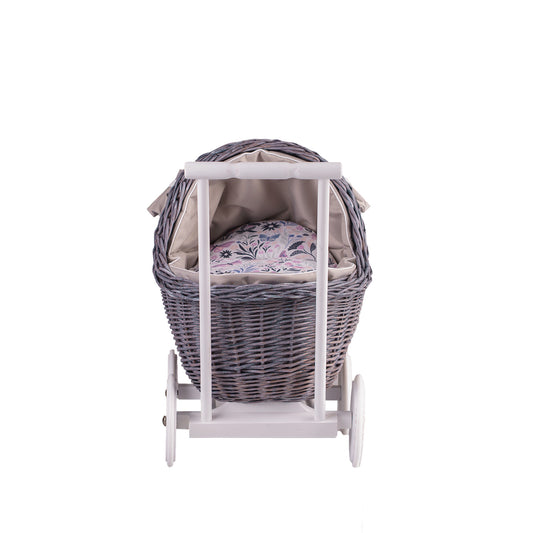 Lili wicker doll stroller with beige trim, blanket, and pillow