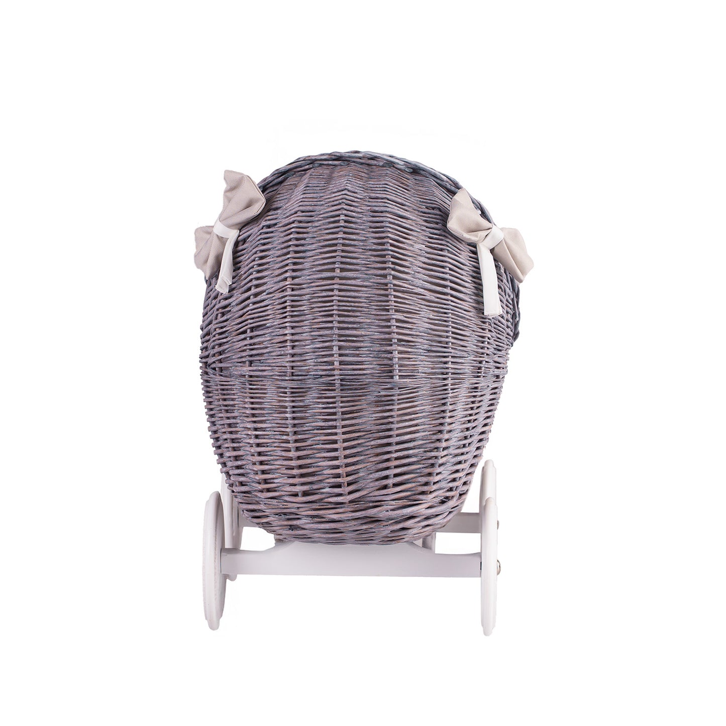 Lili wicker doll stroller with beige trim, blanket, and pillow