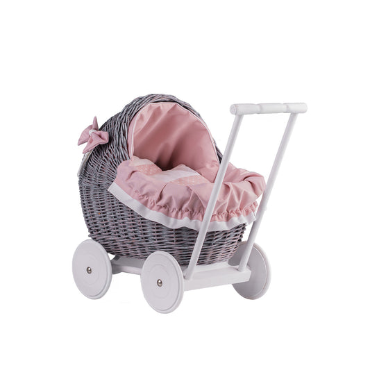 Lili wicker doll stroller with pink trim, blanket, and pillow