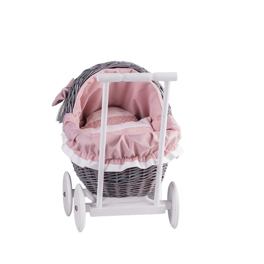 Lili wicker doll stroller with pink trim, blanket, and pillow