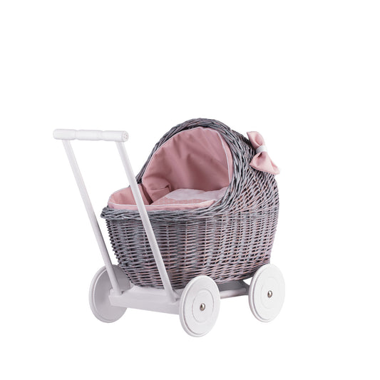 Lili wicker doll stroller with pink trim, blanket, and pillow