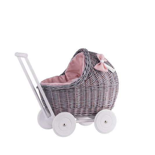 Lili wicker doll stroller with pink trim, blanket, and pillow