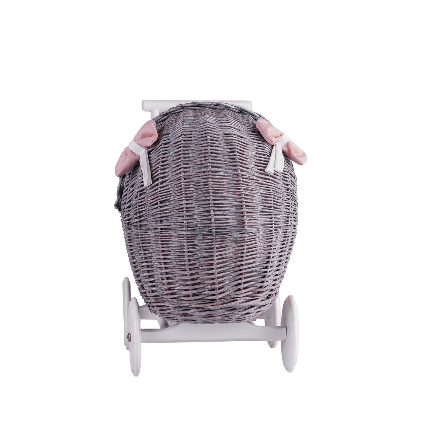 Lili wicker doll stroller with pink trim, blanket, and pillow