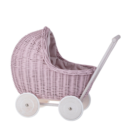 Lili wicker doll stroller with beige trim, blanket, and pillow