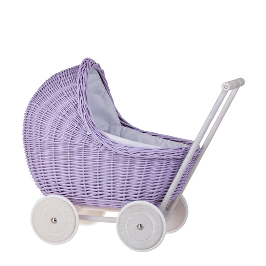 Lili wicker doll stroller with white trim, blanket, and pillow