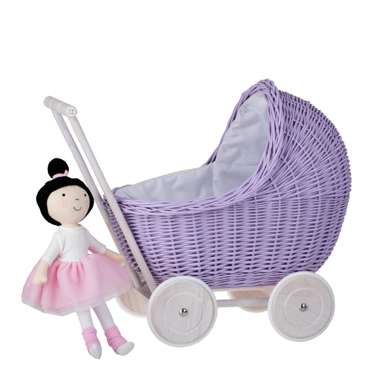 Lili wicker doll stroller with white trim, blanket, and pillow