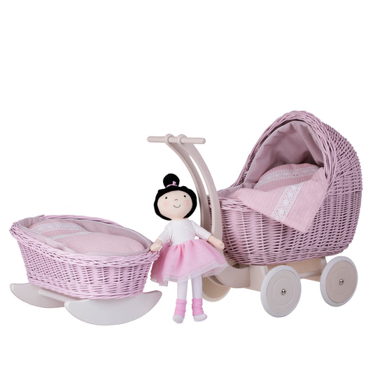 Lili Poppenwagen van wilgentenen met roze bies, inclusief dekentje, kussentje en wiegje.
