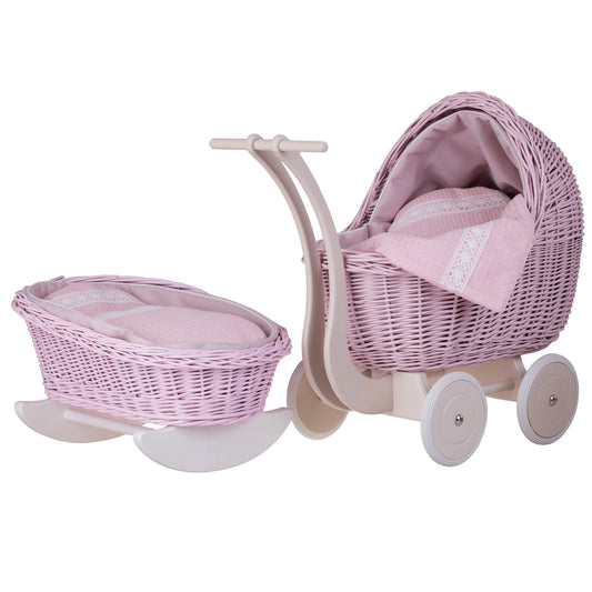 Lili Poppenwagen van wilgentenen met roze bies, inclusief dekentje, kussentje en wiegje.