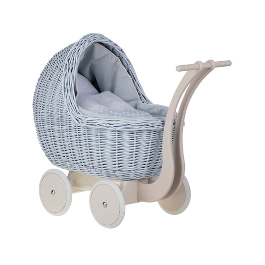 Lili wicker doll stroller with blue trim, blanket, and pillow