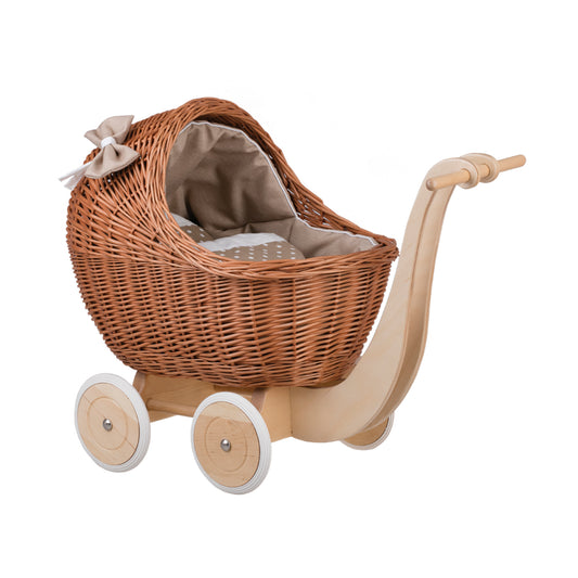 Lili wicker doll stroller with beige trim, blanket, and pillow