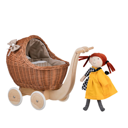 Lili wicker doll stroller with beige trim, blanket, and pillow