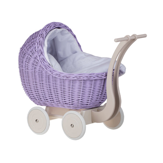 Lili wicker doll stroller with white trim, blanket, and pillow