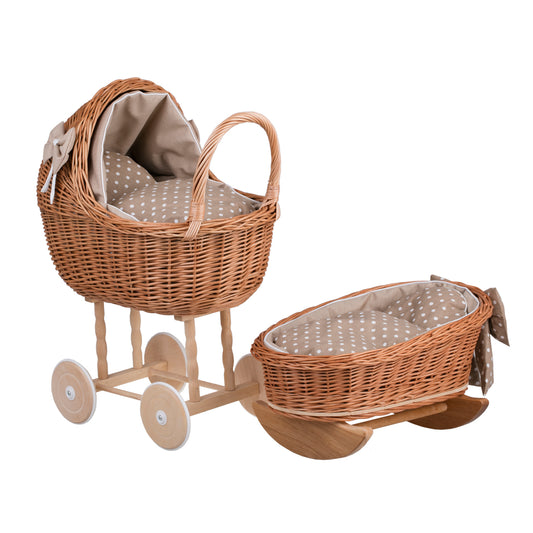 Lili wicker doll stroller and cradle with beige trim, blanket, and pillow
