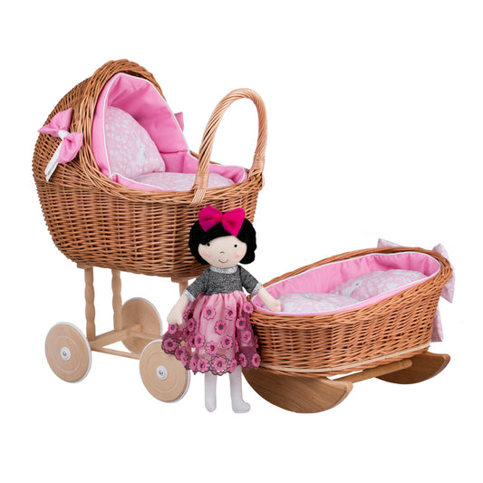 Lili wicker stroller and cradle for dolls with pink trim, blanket, and pillow