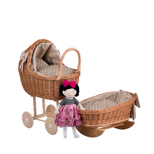 Lili wicker doll stroller and cradle with beige trim, blanket, and pillow