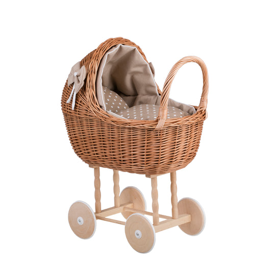 Lili wicker doll stroller with beige trim, blanket, and pillow