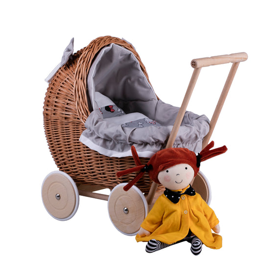 Lili wicker doll stroller with gray trim, blanket, and pillow