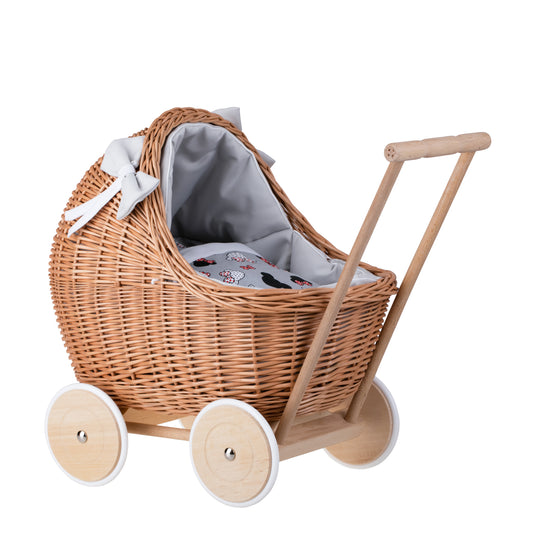 Lili wicker doll stroller with gray trim, blanket, and pillow