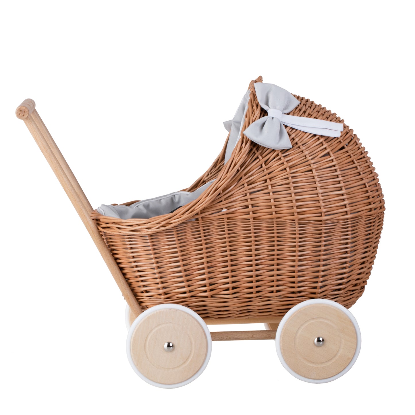Lili coche de mimbre para muñecas con ribete gris, edredón y almohada TheWickerStories
