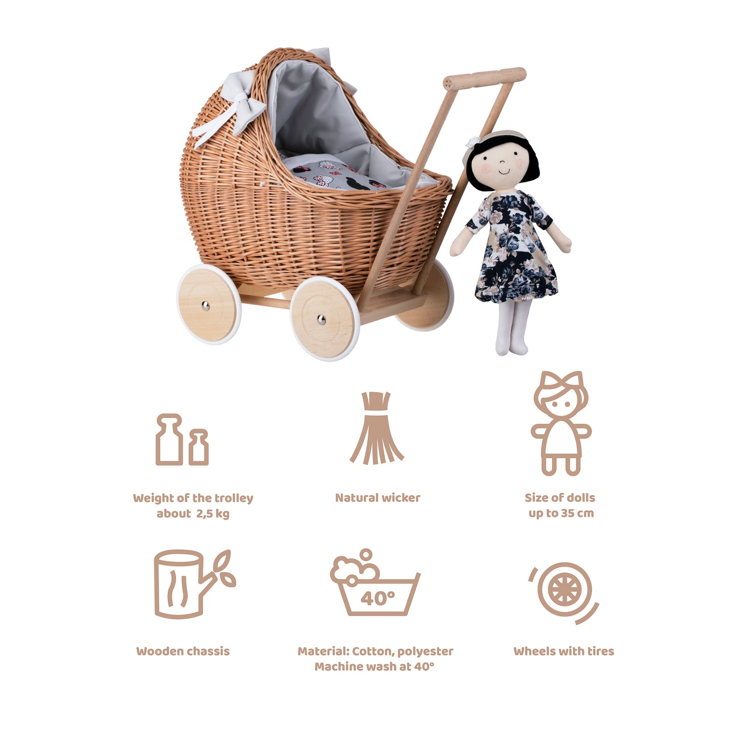 Lili wicker doll stroller with gray trim, blanket, and pillow