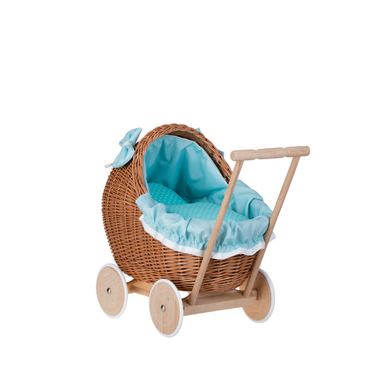 Lili wicker doll stroller with mint trim, blanket, and pillow
