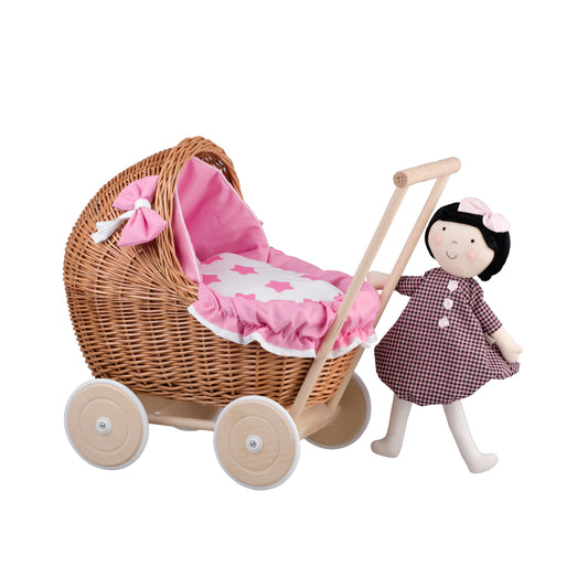 Lili wicker doll stroller with pink trim, blanket, and pillow