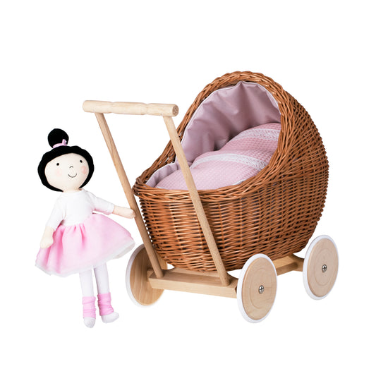 Lili wicker doll stroller with pink trim, blanket, and pillow