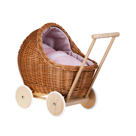 Lili wicker doll stroller with pink trim, blanket, and pillow