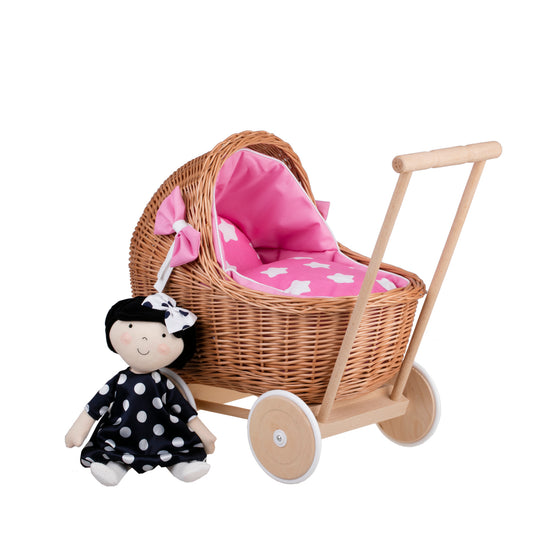 Lili wicker doll stroller with pink trim, blanket, and pillow