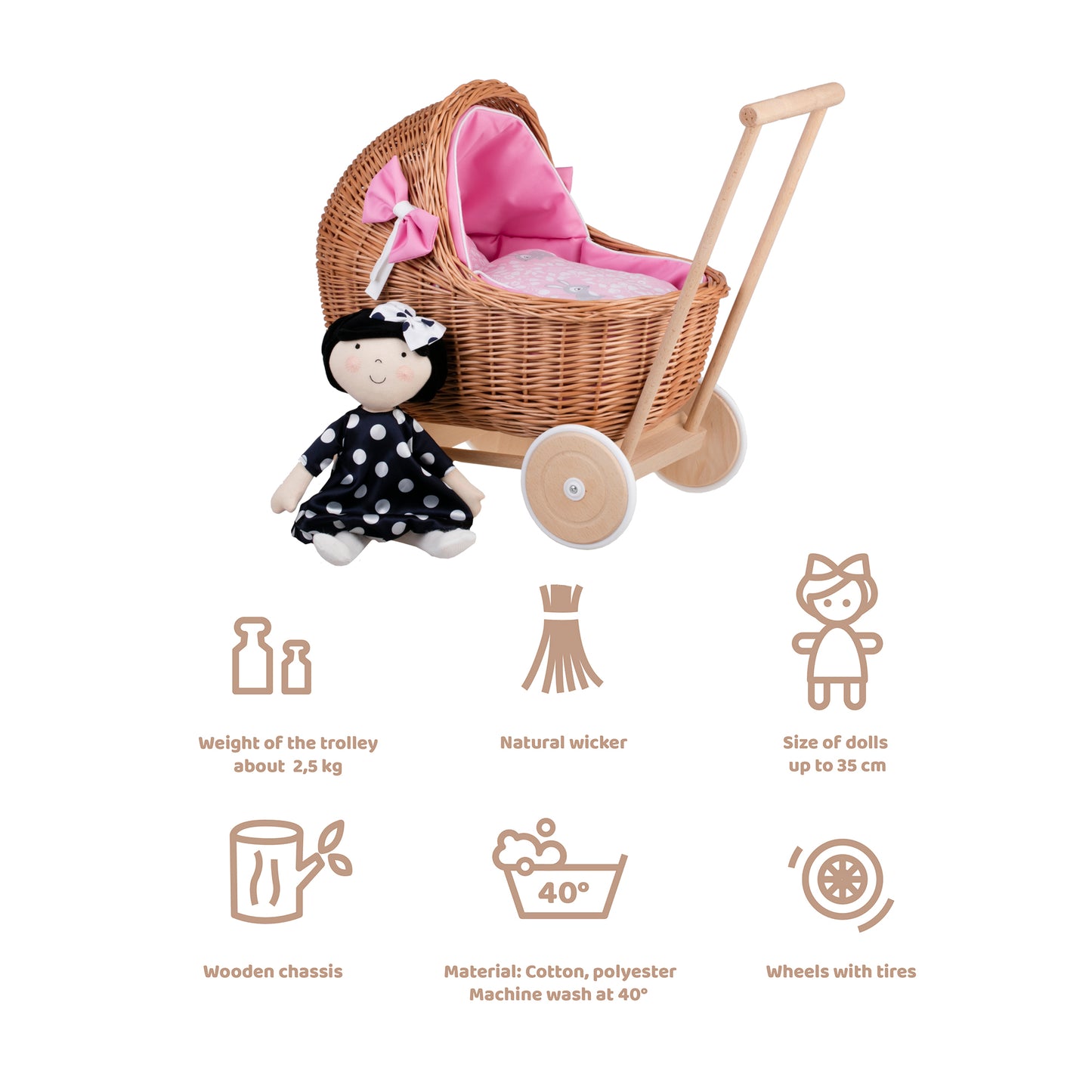 Lili wicker doll stroller with pink trim, blanket, and pillow