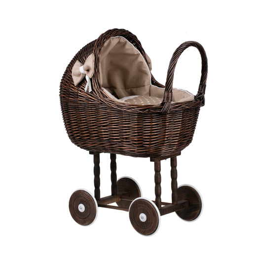 Lili wicker doll stroller with beige trim, blanket, and pillow