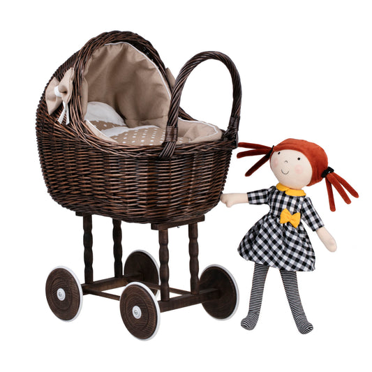 Lili wicker doll stroller with beige trim, blanket, and pillow