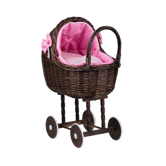 Lili wicker doll stroller with pink trim, blanket, and pillow