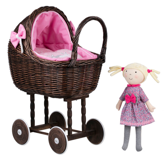 Lili wicker doll stroller with pink trim, blanket, and pillow